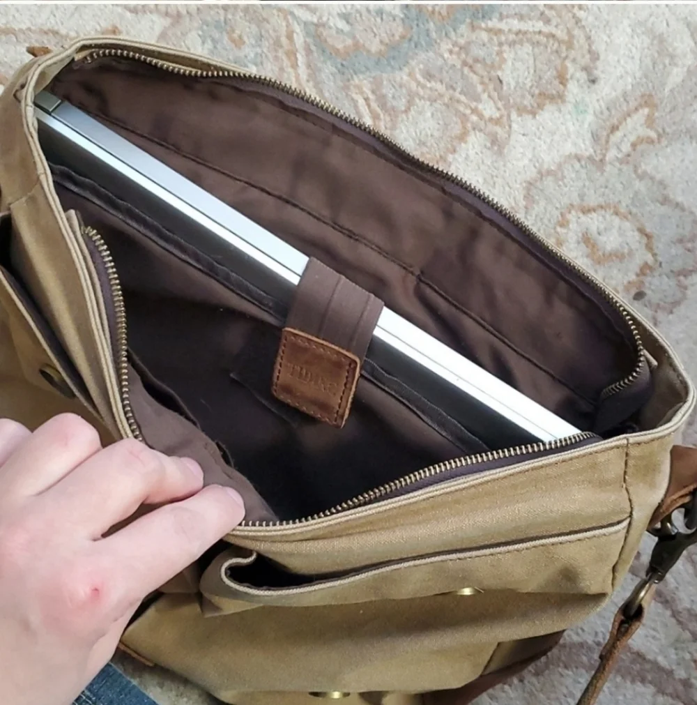 Tiding leather and canvas messenger laptop bag